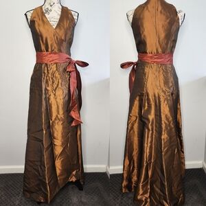 Lazaro Elegant Satin Brown Maxi Dress with Waist Tie Size 8